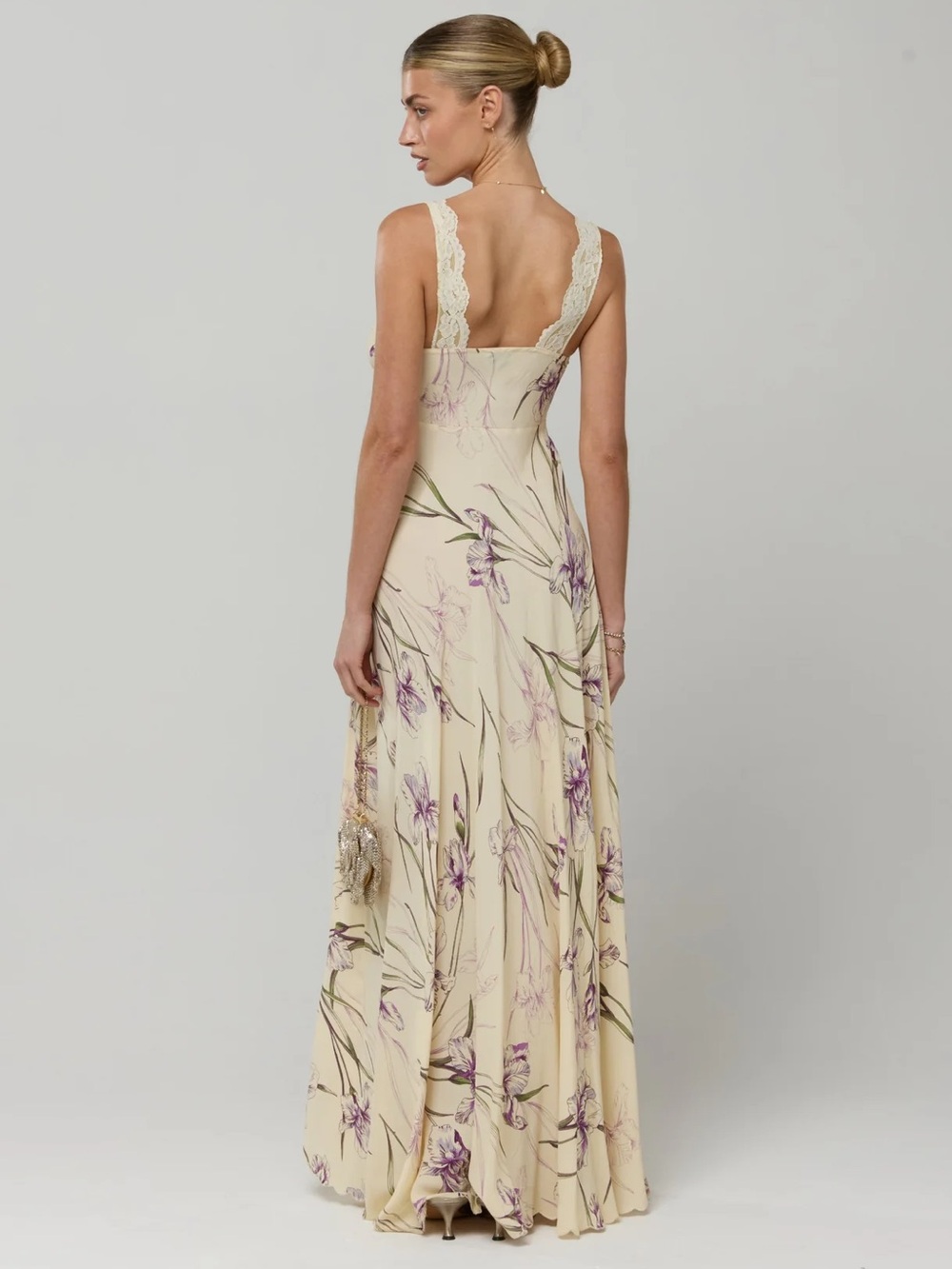 RESA Cream Maxi Dress with Purple Floral Print and Lace Trim - Picture 2 of 5